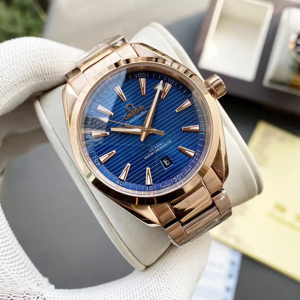 seamaster steel Omega Blue Dial Rose Gold