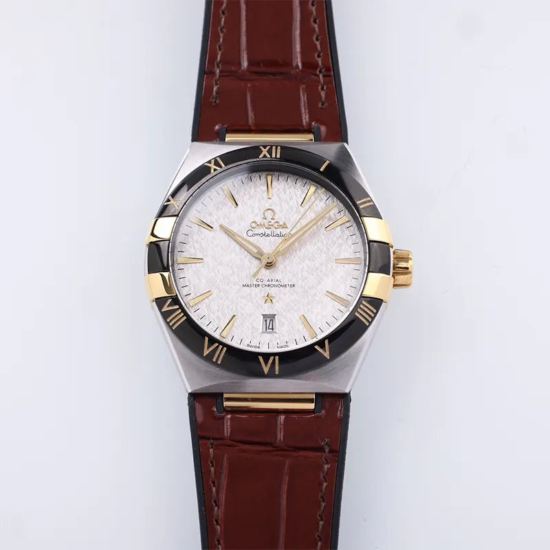 constellation Omega Silver Dial Leather Watch