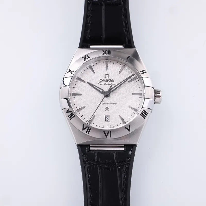 Omega Silver Dial Black Leather