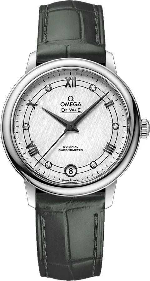 Omega De Ville Silver Diamond Green Leather