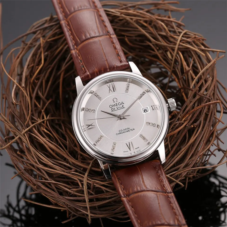 Omega Silver Diamond Leather Watch