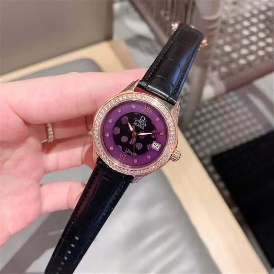 Omega Purple Diamond Leather Watch - Hình 4