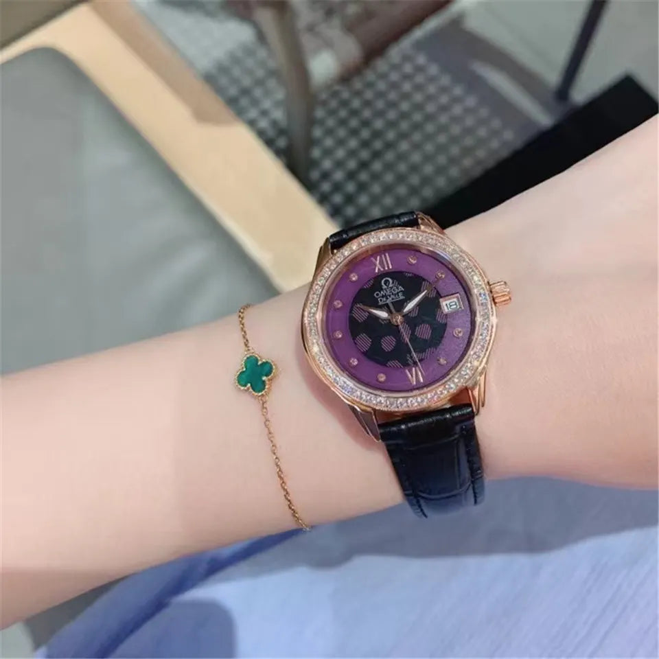 Omega Purple Diamond Leather Watch - Hình 7