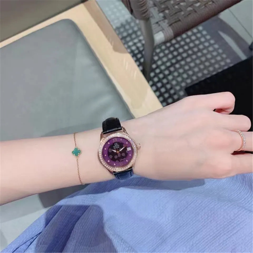 Omega Purple Diamond Leather Watch - Hình 8