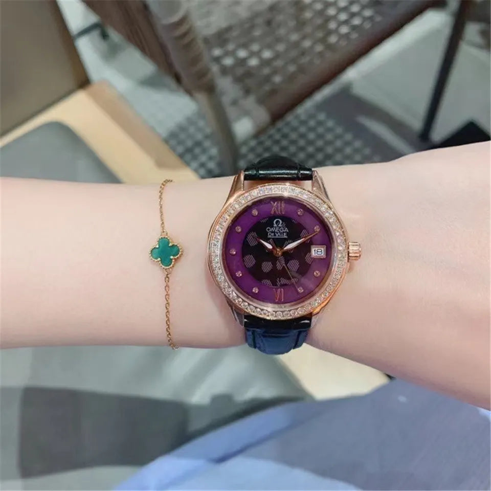 Omega Purple Diamond Leather Watch - Hình 9