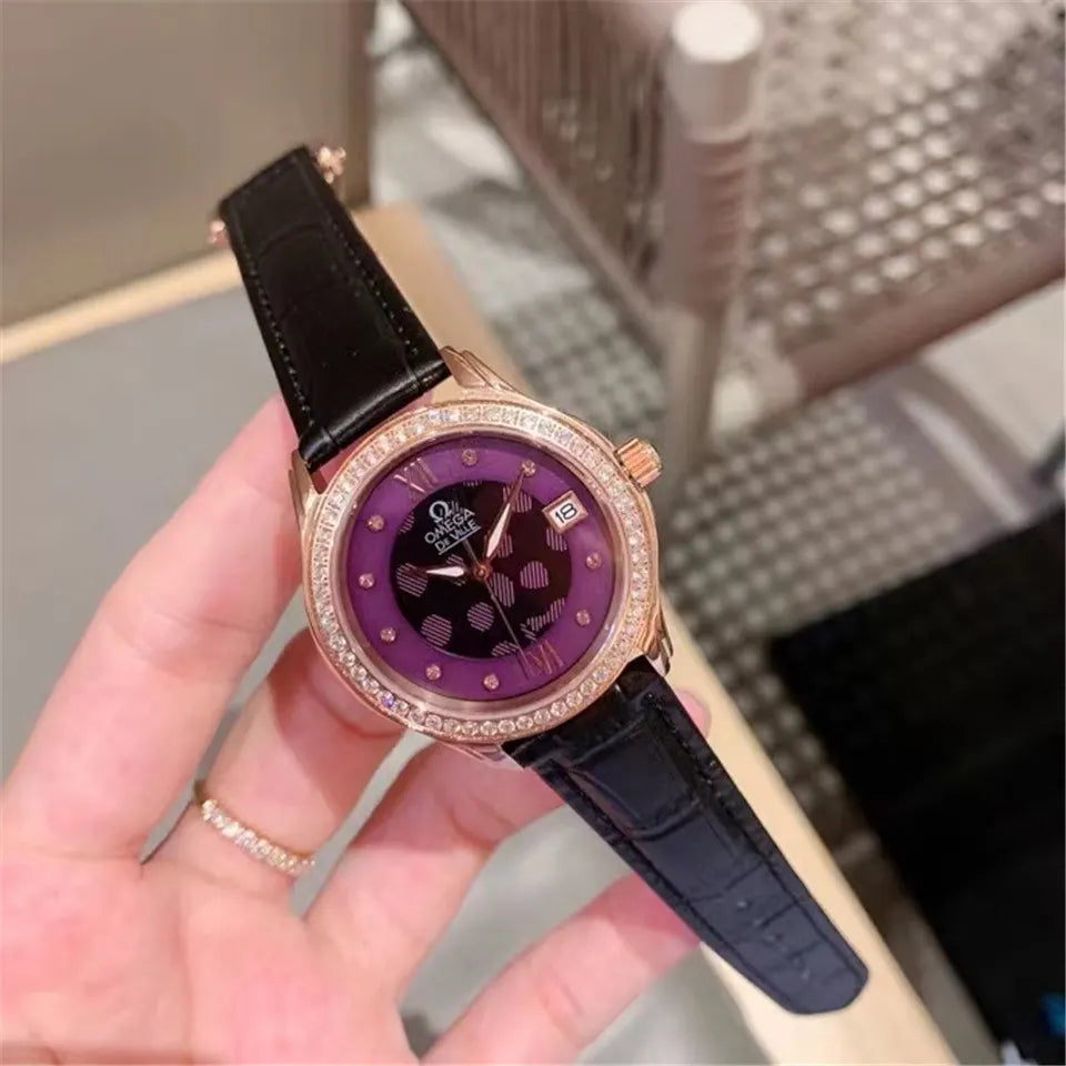 Omega Purple Diamond Leather Watch - Hình 5