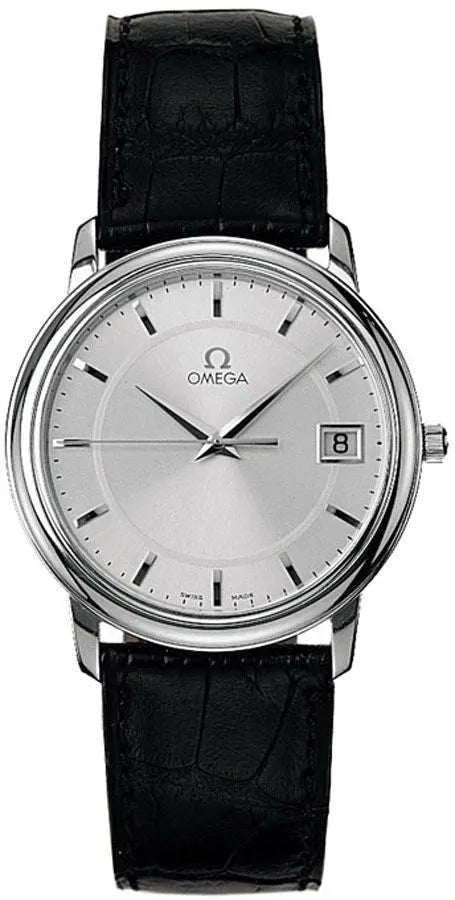 black Omega Silver Dial Leather