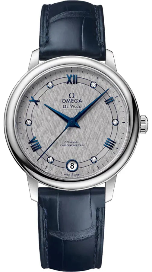 Omega Blue Leather Silver Diamond
