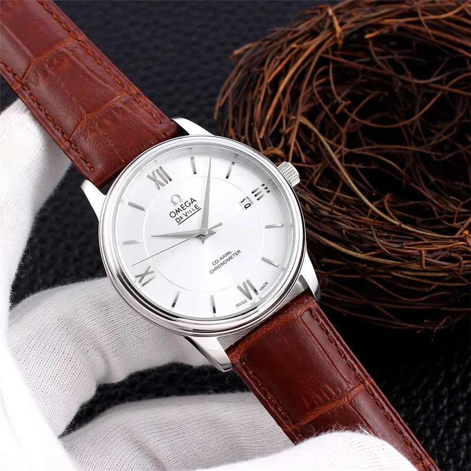 Omega De Ville Prestige White Dial Brown Leather
