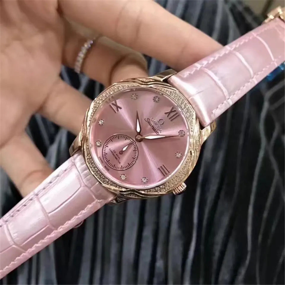 Omega Pink Leather Diamond Bezel - Hình 5