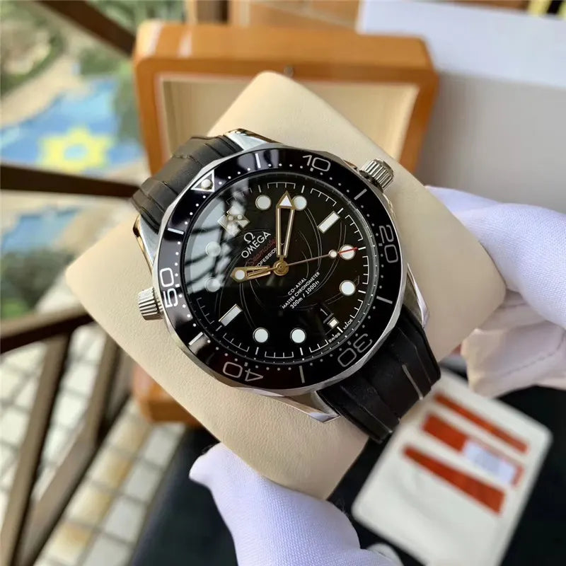 silver Omega Seamaster Black Rubber