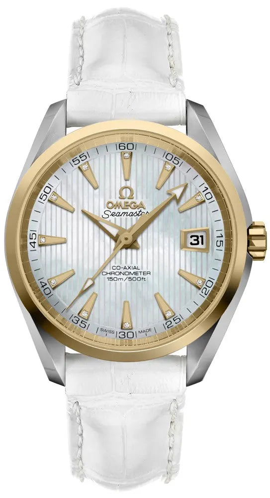 Omega White Leather Gold Bezel Diamond