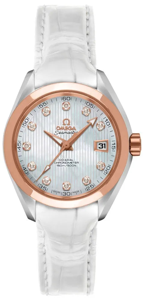 Omega White Leather Diamond seamaster rose