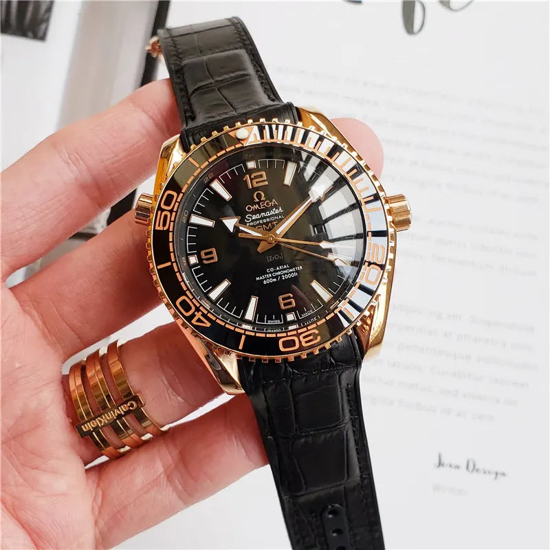 Omega GMT Black Leather Gold