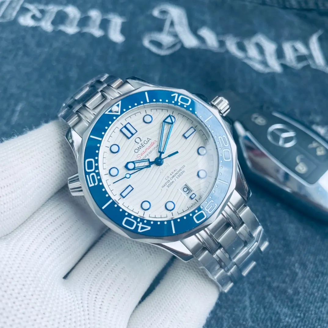 Omega White Wave Blue Bezel