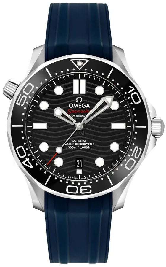 blue Omega Seamaster Black Wave Dial