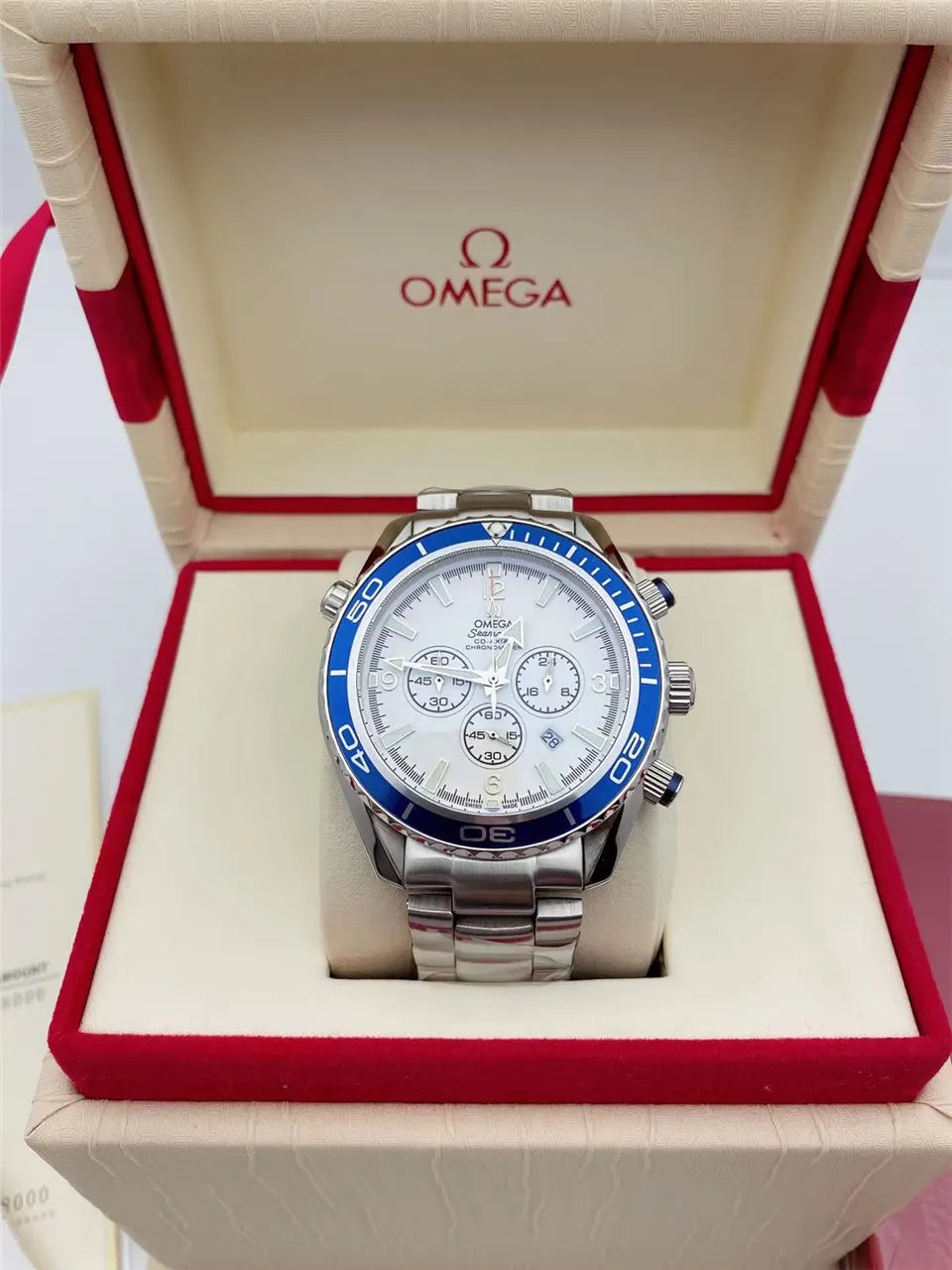 Omega White Blue Chronograph