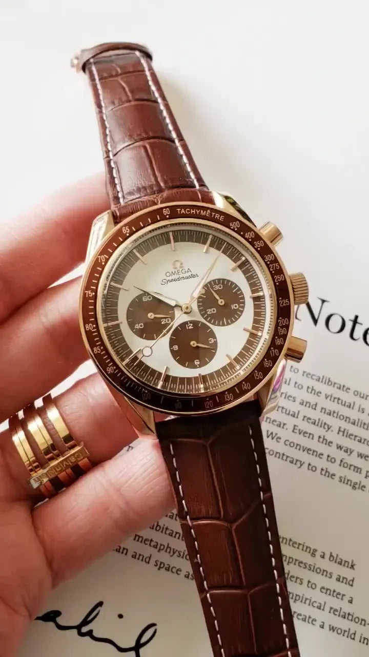 Omega Gold Brown Leather Chronograph