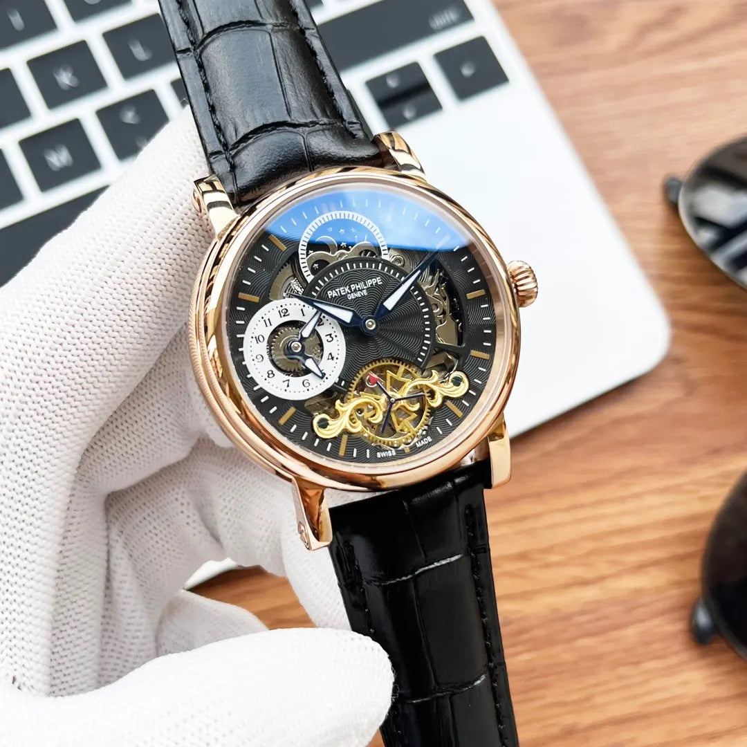 Patek Philippe Black Skeleton – Rose Gold Leather Watch