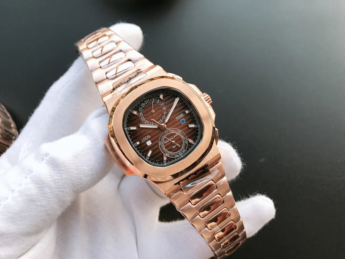 brown Patek Philippe Rose Gold Nautilus
