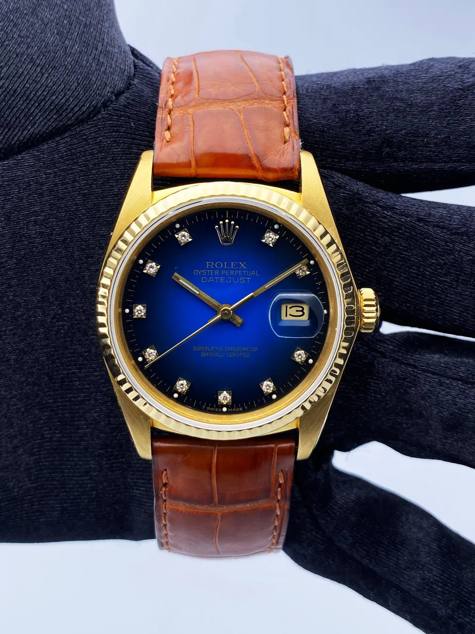 datejust Rolex Gold Blue Diamond Leather - Hình 2