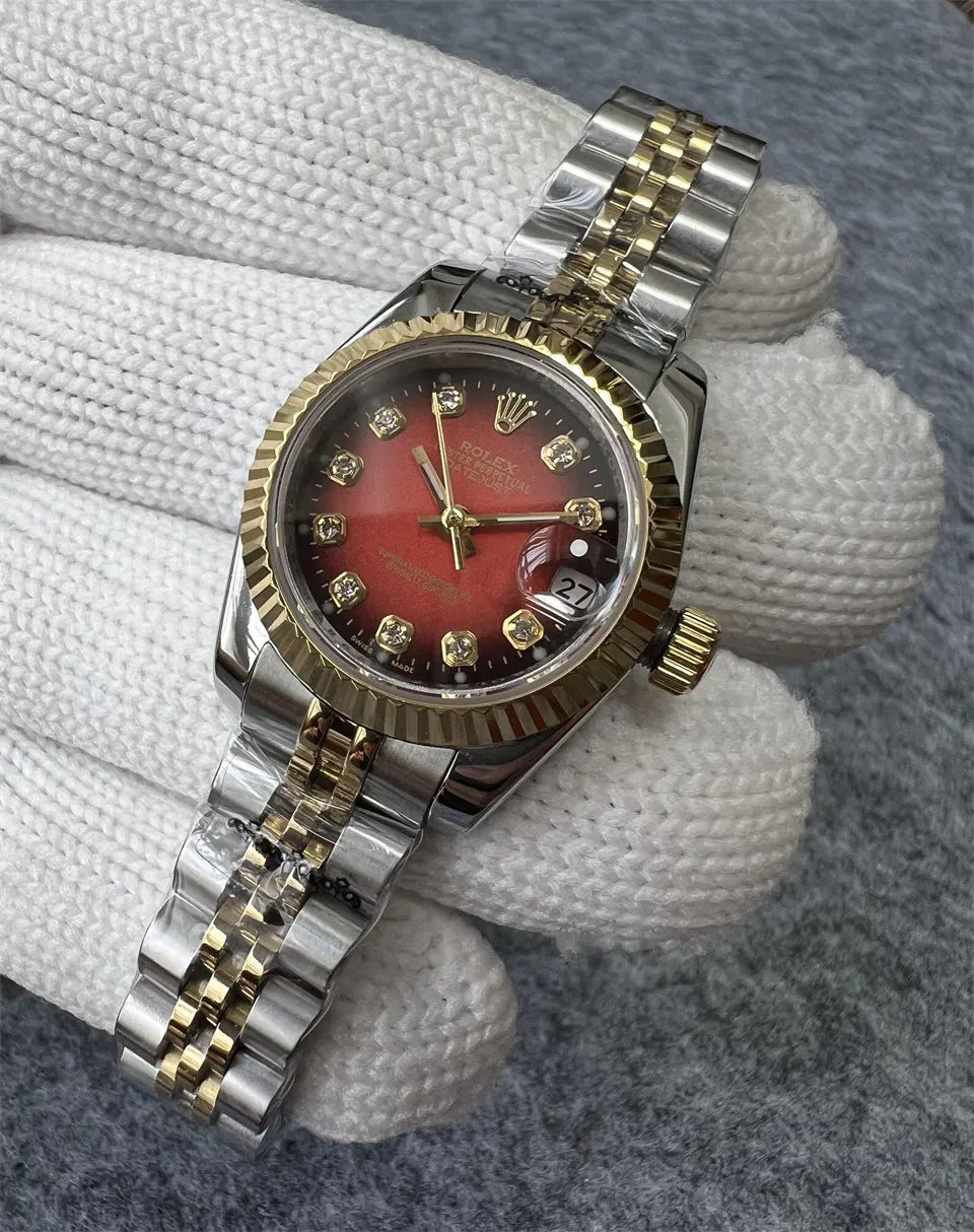 Rolex Red Dial Diamond Two-Tone - Hình 3