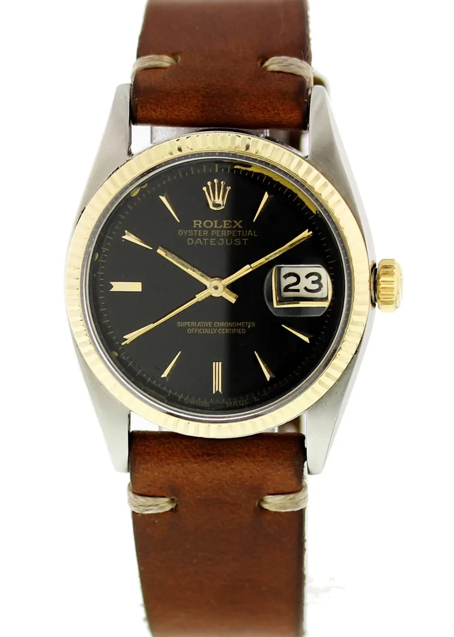 steel Rolex Datejust Black Dial Leather