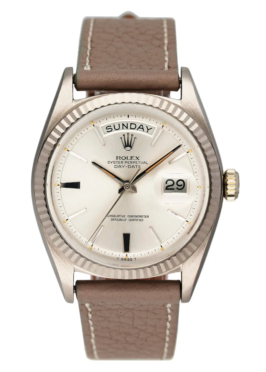 leather Rolex Day-Date Silver Dial