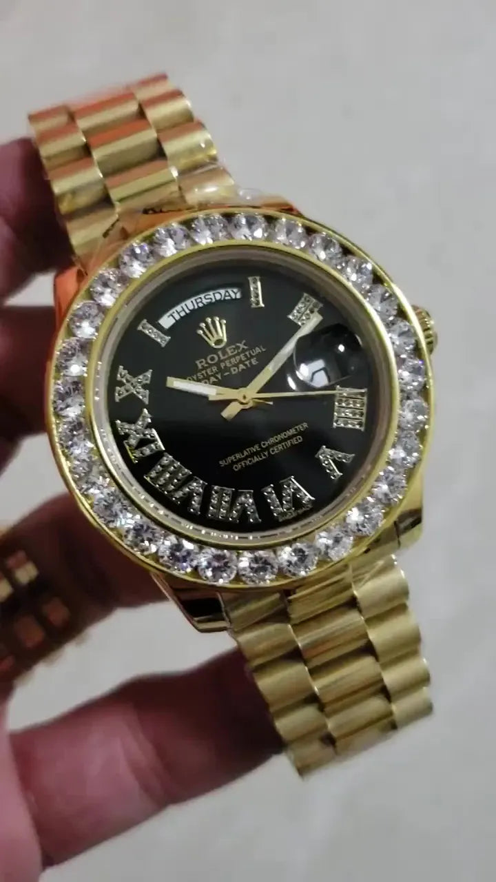 black Rolex Day-Date Gold Diamond Bezel - Hình 2