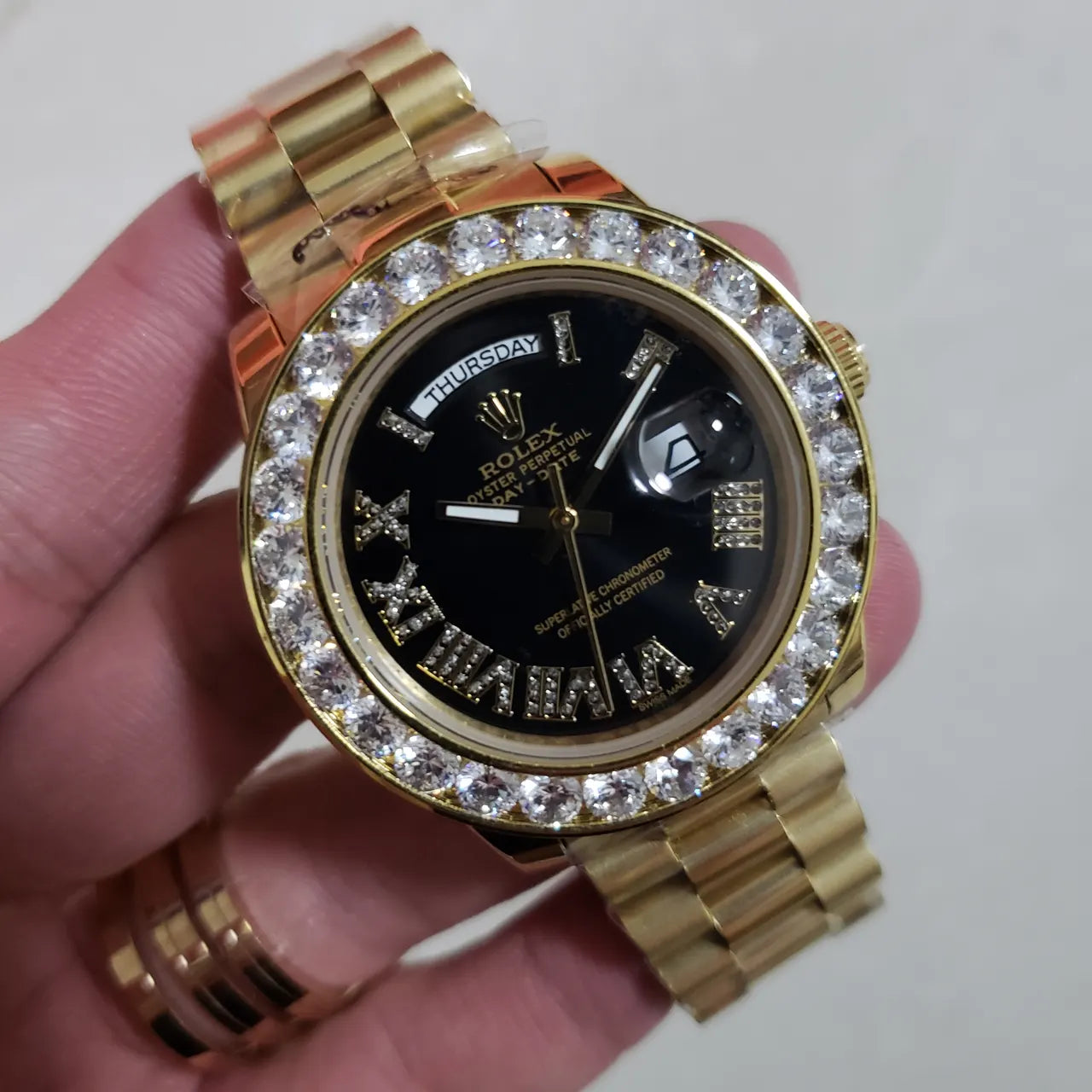 black Rolex Day-Date Gold Diamond Bezel - Hình 5