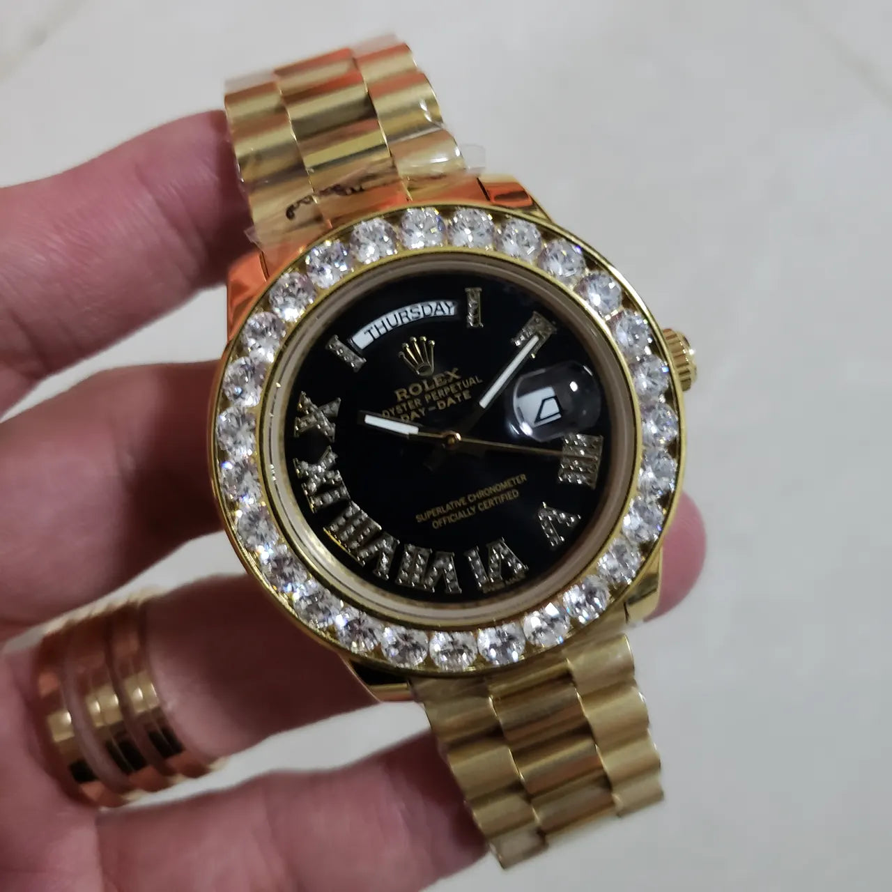 black Rolex Day-Date Gold Diamond Bezel - Hình 6