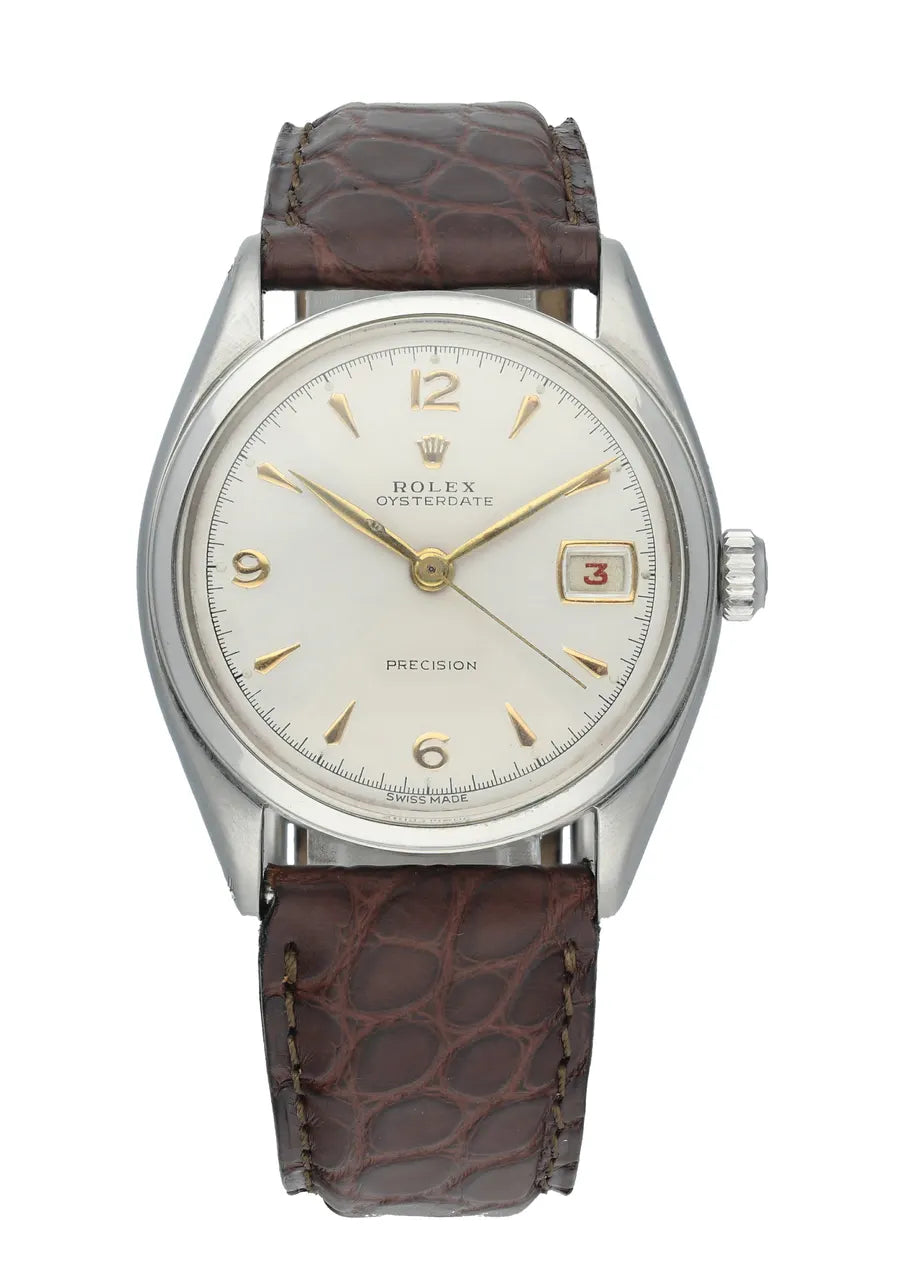 brown Rolex Oysterdate Precision Silver Dial