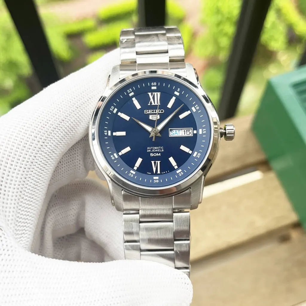 stainless Seiko 5 Blue Dial Watch