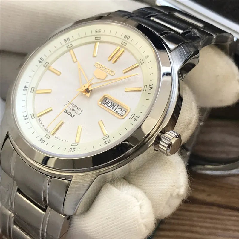 stainless Seiko 5 White Dial