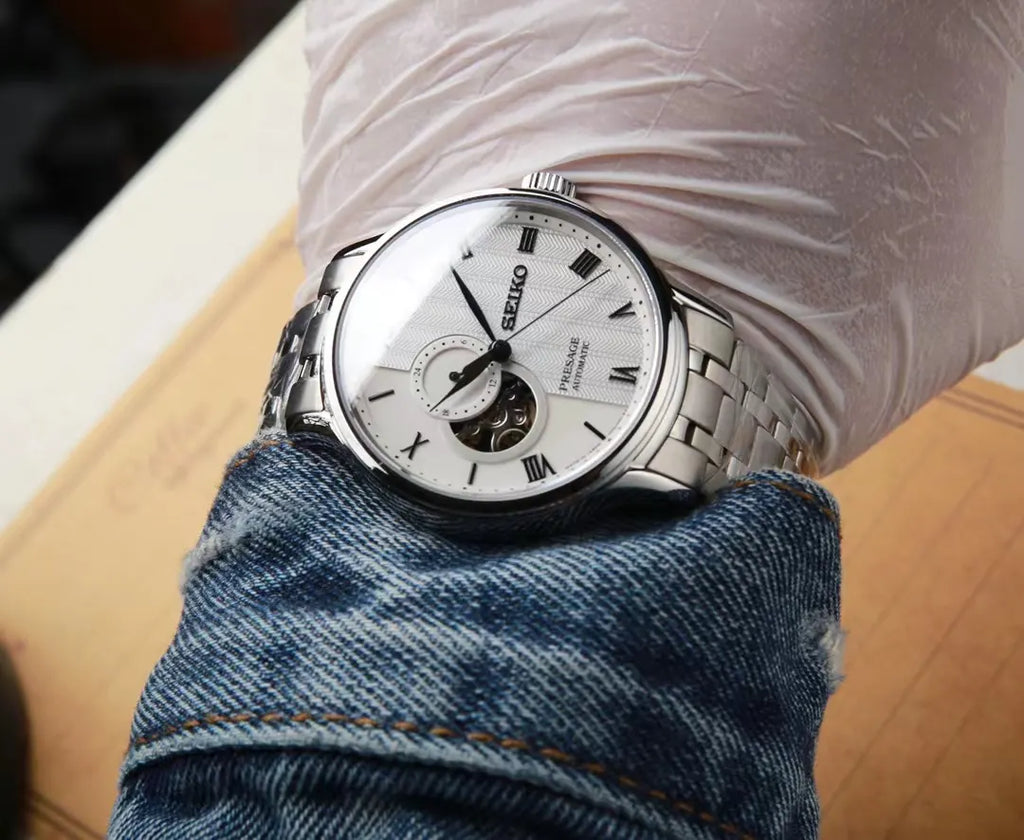 silver Seiko Presage Open Heart