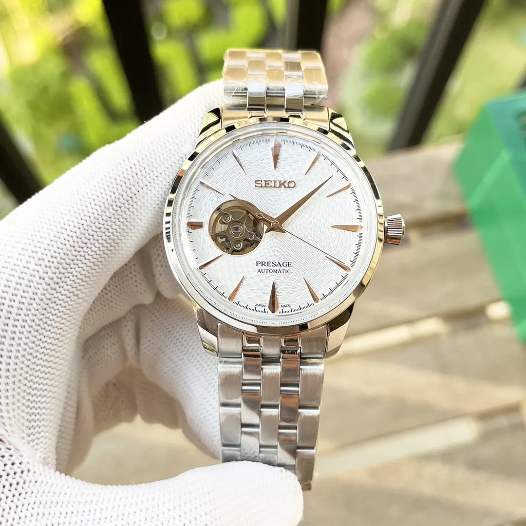 silver Seiko Presage Open Heart