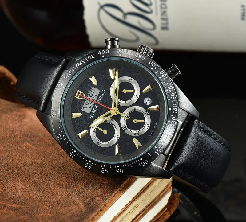 leather Tudor Black Shield Chronograph